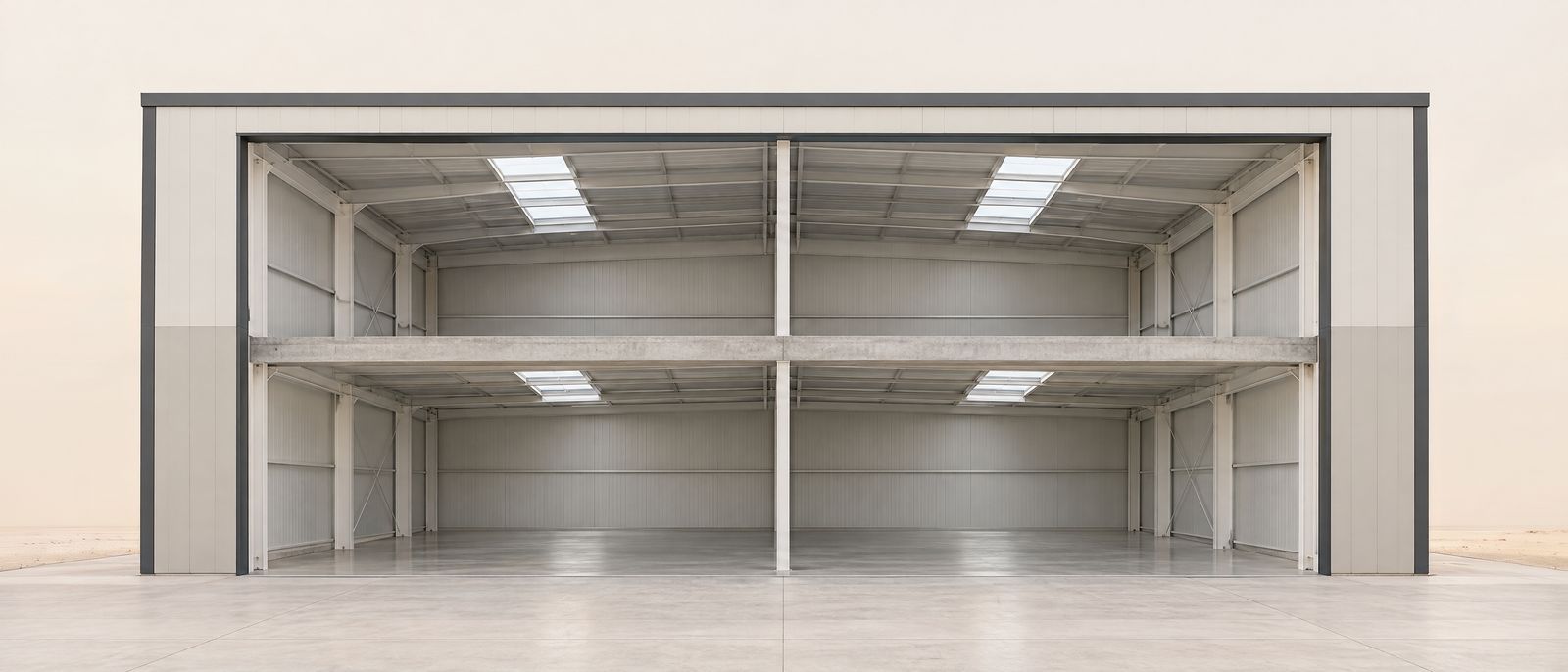 An empty two-storey warehouse in Dubai, cut away to show a bare mezzanine above an open ground floor, under a soft, warm morning haze.